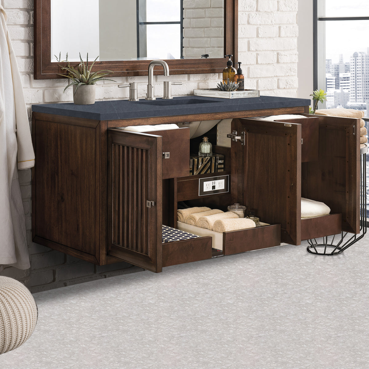 48" Athens Single Bathroom Vanity, Mid-Century Acacia w/ Charcoal Soapstone Quartz Top