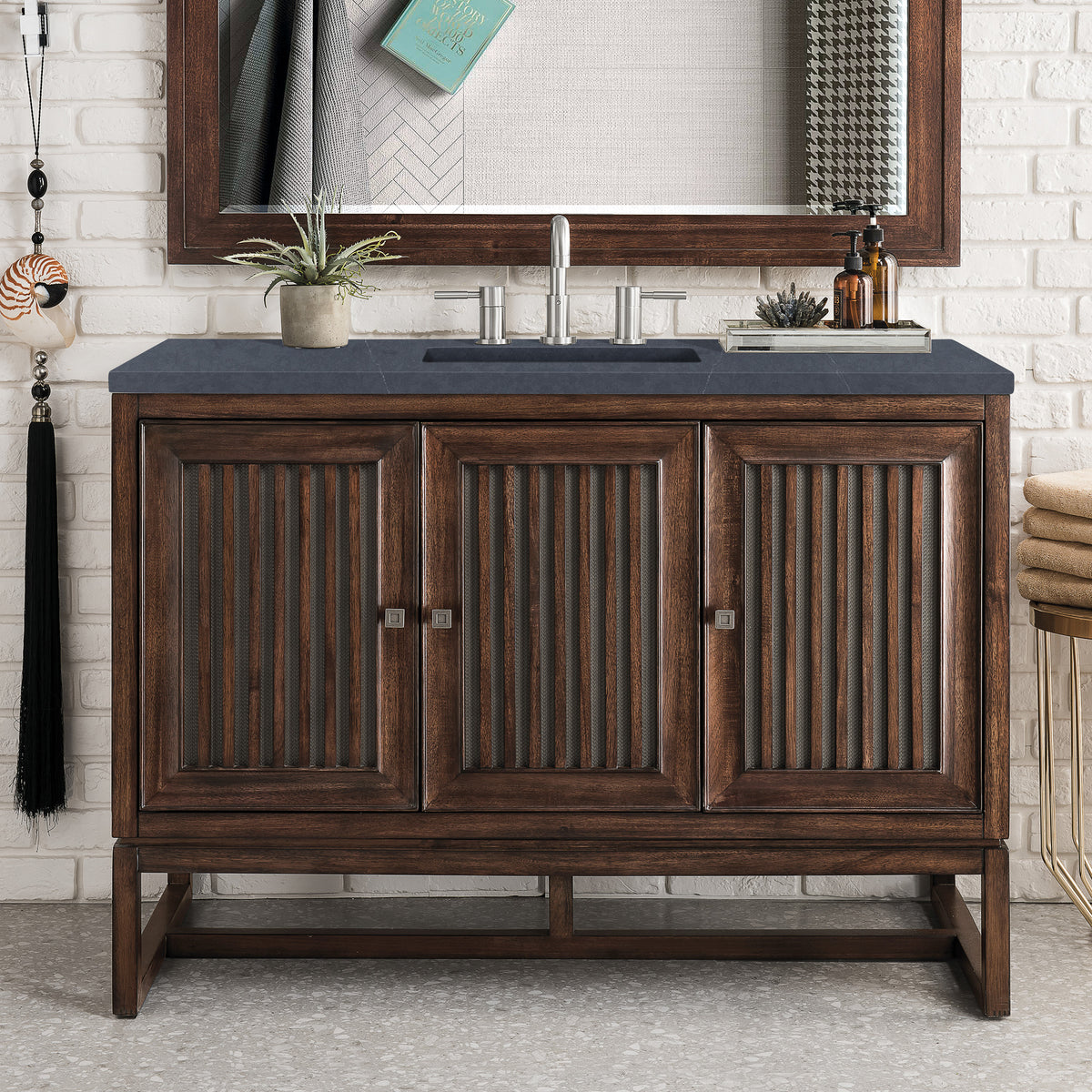 48" Athens Single Bathroom Vanity, Mid-Century Acacia w/ Charcoal Soapstone Quartz Top