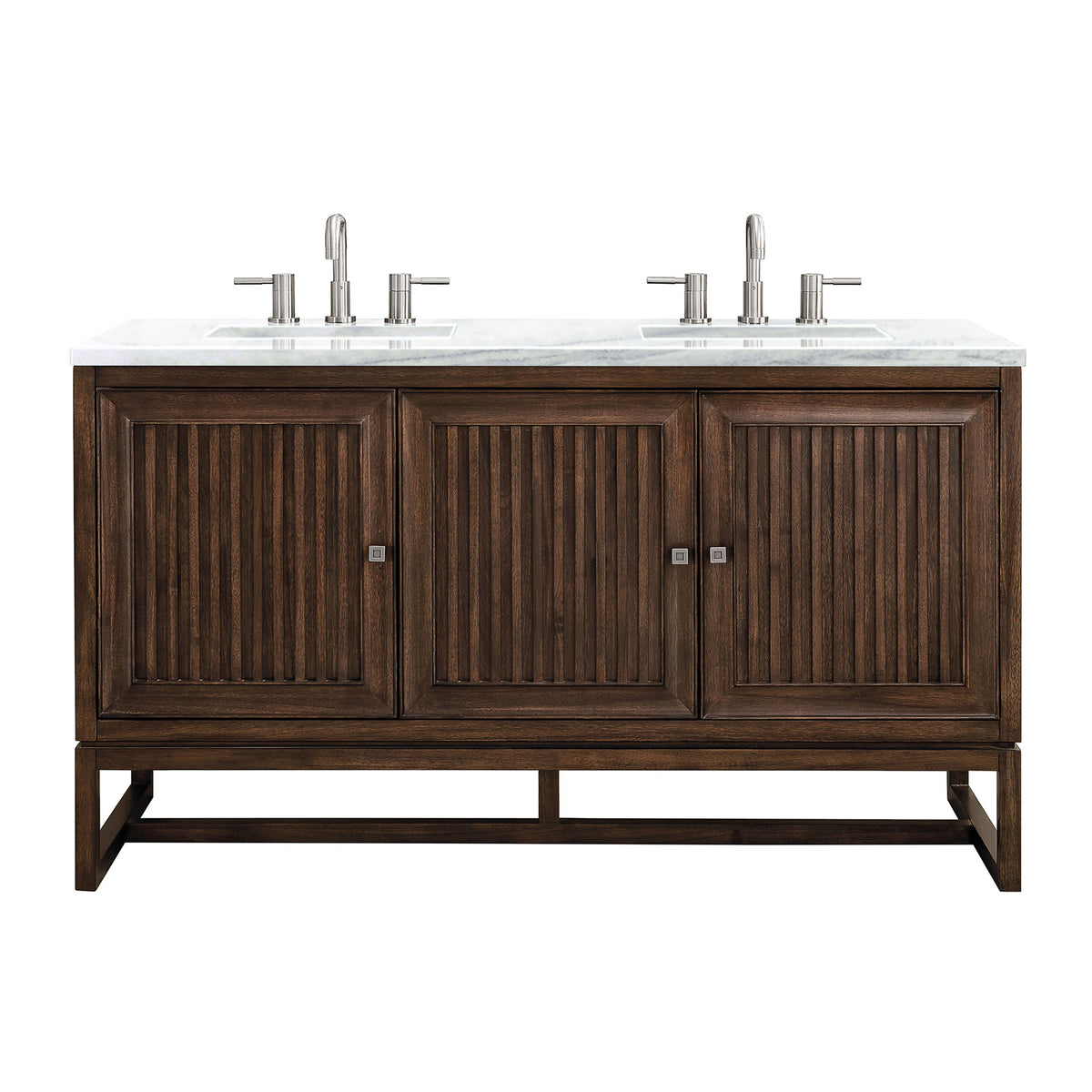 60" Athens Double Bathroom Vanity, Mid-Century Acacia w/ Arctic Fall Quartz Top