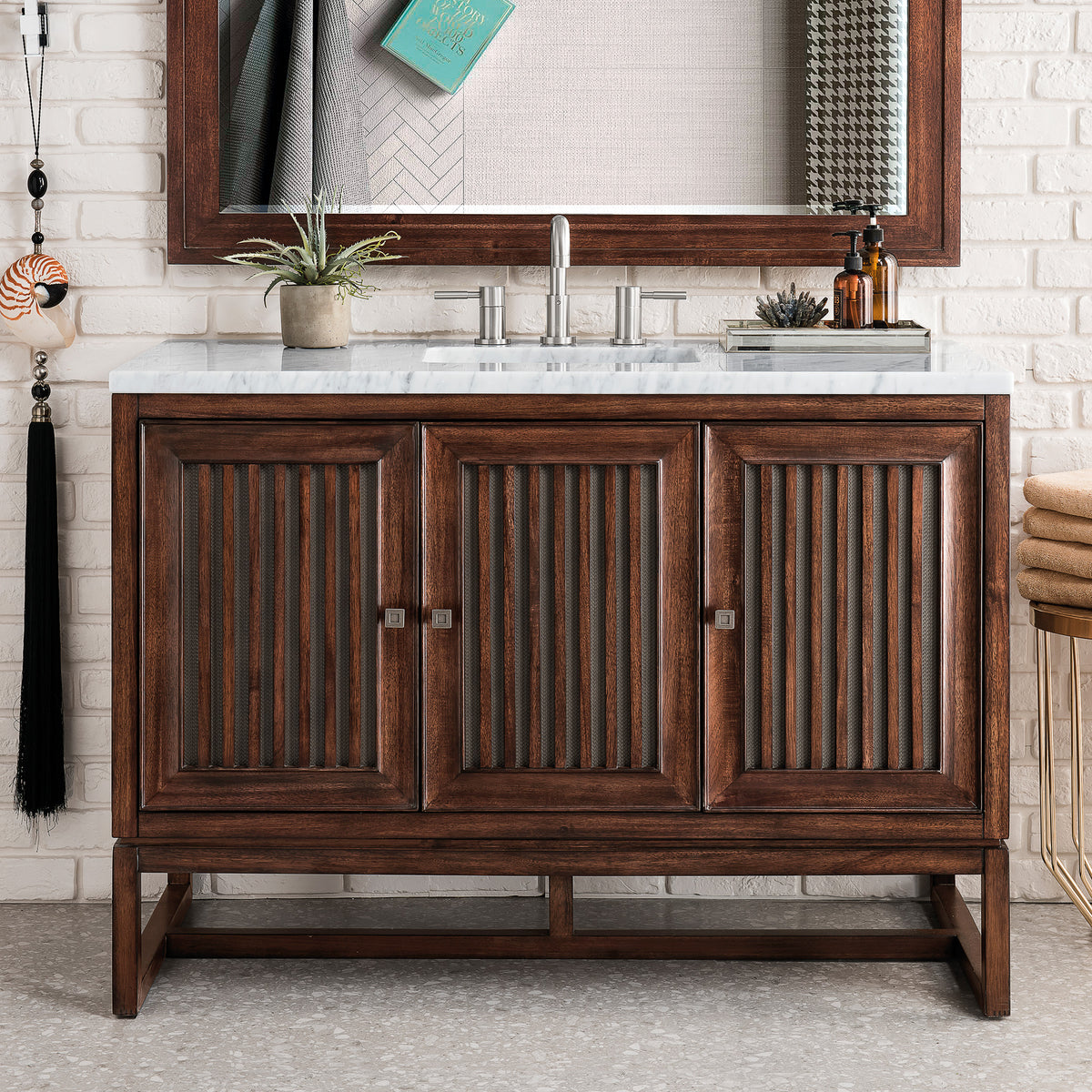 48" Athens Single Bathroom Vanity, Mid-Century Acacia w/ Arctic Fall Top