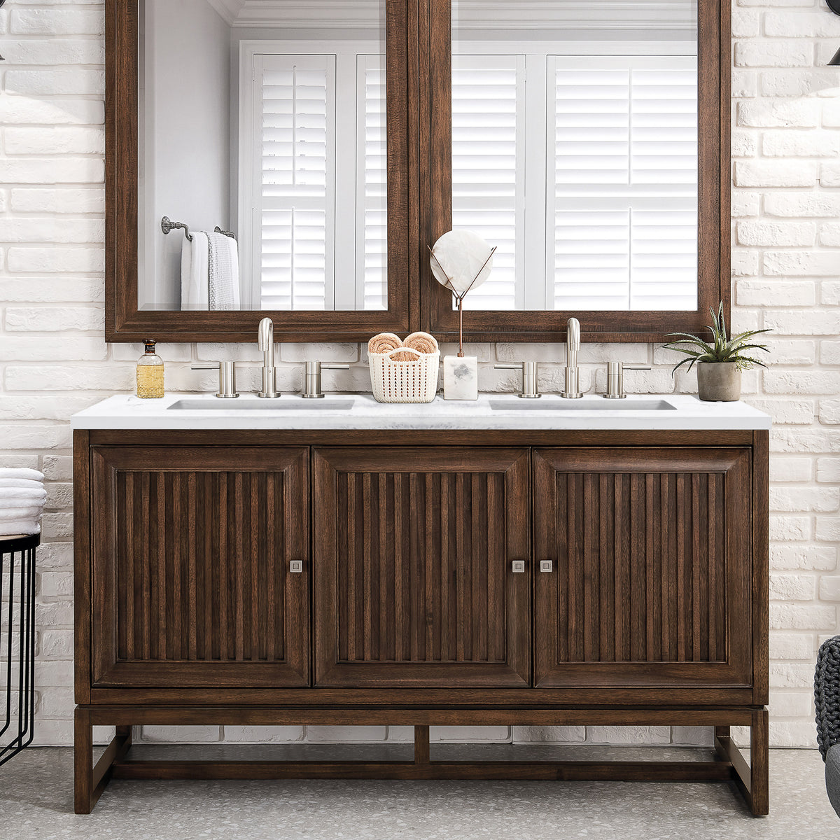 60" Athens Double Bathroom Vanity, Mid-Century Acacia w/ Arctic Fall Quartz Top