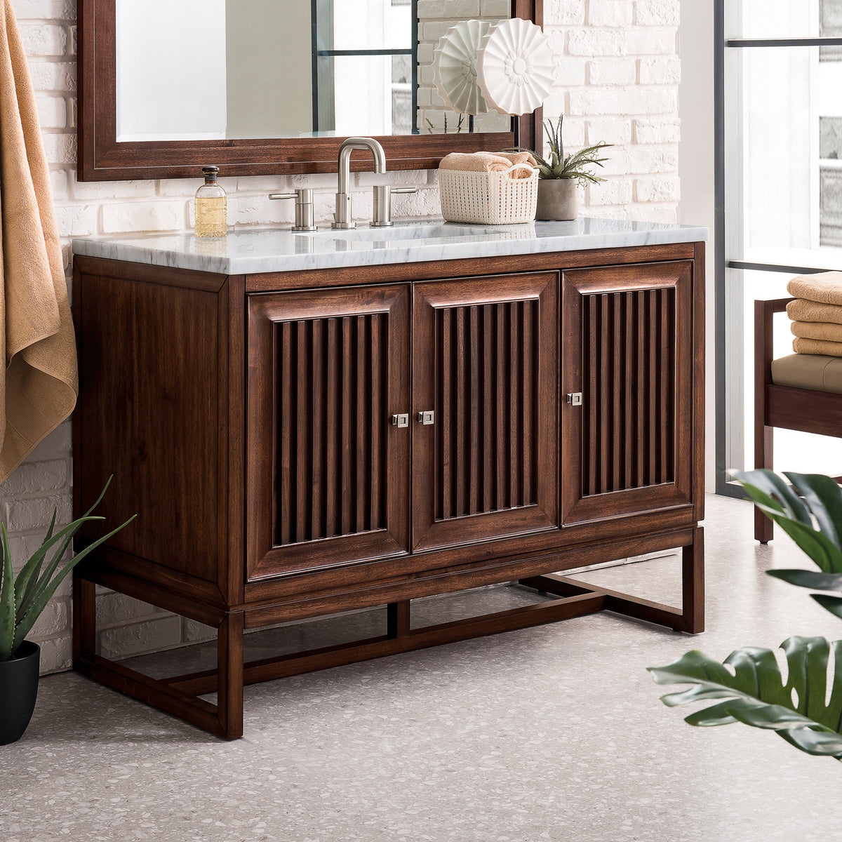 48" Athens Single Bathroom Vanity, Mid-Century Acacia w/ Arctic Fall Top