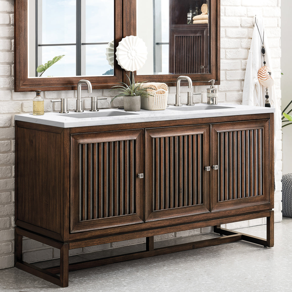 60" Athens Double Bathroom Vanity, Mid-Century Acacia w/ Arctic Fall Quartz Top