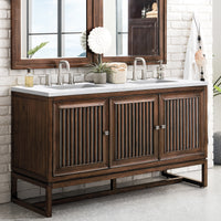 60" Athens Double Bathroom Vanity, Mid-Century Acacia w/ Arctic Fall Quartz Top