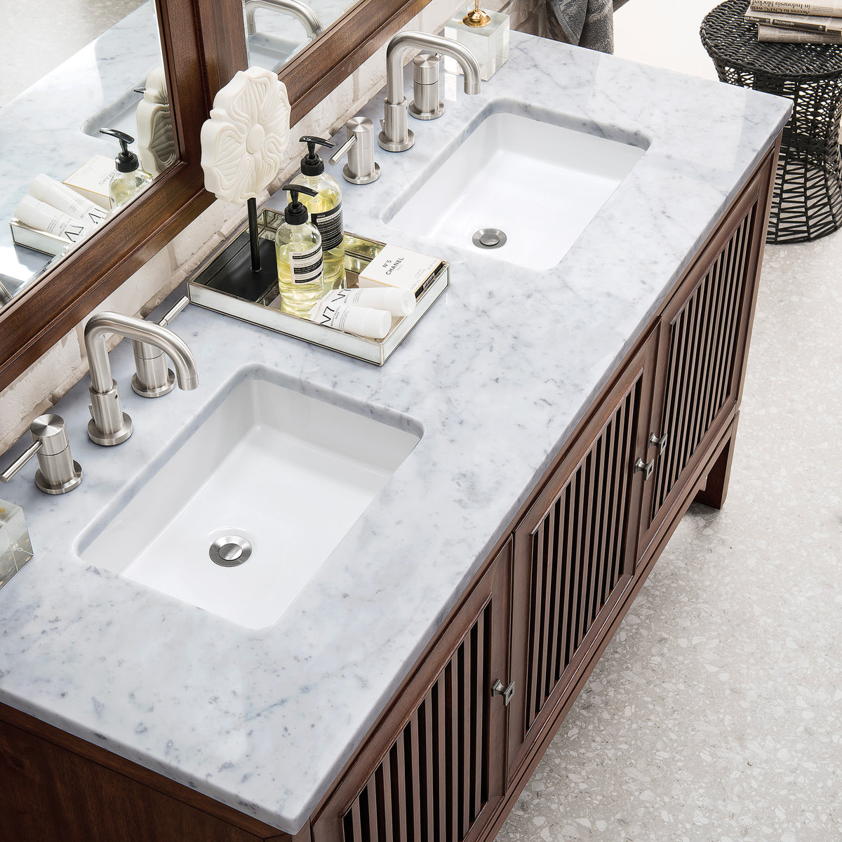 60" Athens Double Bathroom Vanity, Mid-Century Acacia w/ Carrara Marble Top