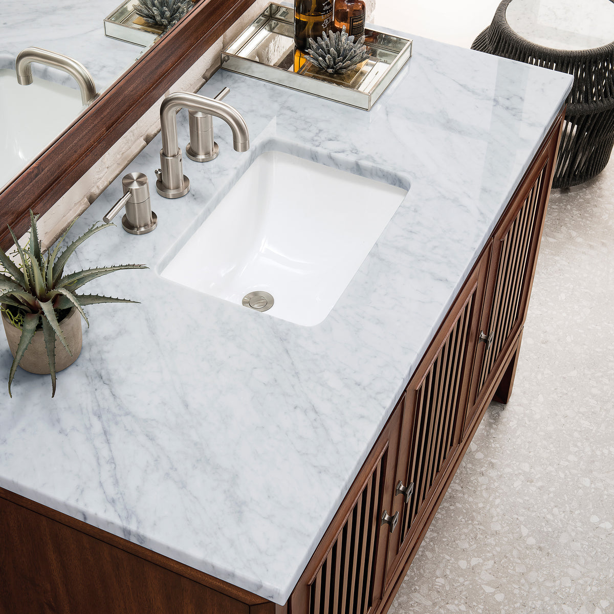 48" Athens Single Bathroom Vanity, Mid-Century Acacia w/ Carrara Marble Top