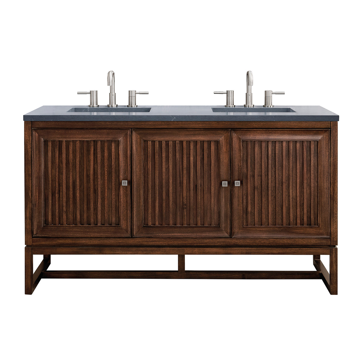 60" Athens Double Bathroom Vanity, Mid-Century Acacia w/ Charcoal Soapstone Quartz Top