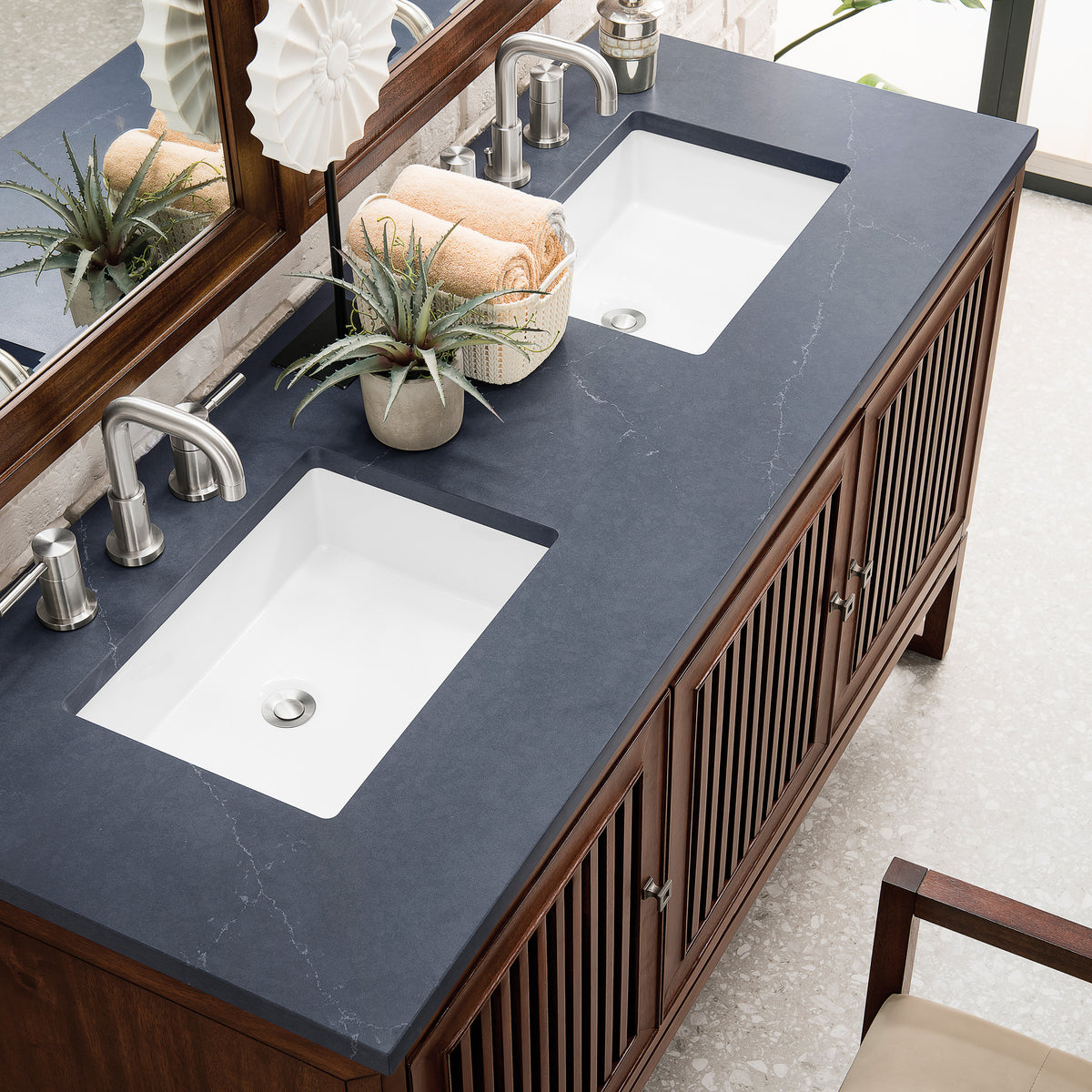 60" Athens Double Bathroom Vanity, Mid-Century Acacia w/ Charcoal Soapstone Quartz Top