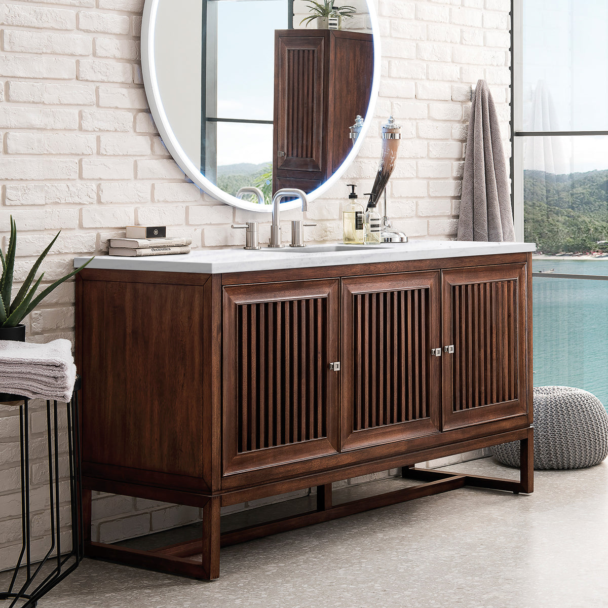 60" Athens Single Bathroom Vanity, Mid-Century Acacia w/ Arctic Fall Top