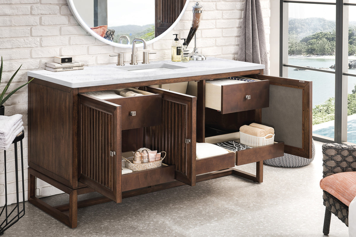 60" Athens Single Bathroom Vanity, Mid-Century Acacia w/ Arctic Fall Top