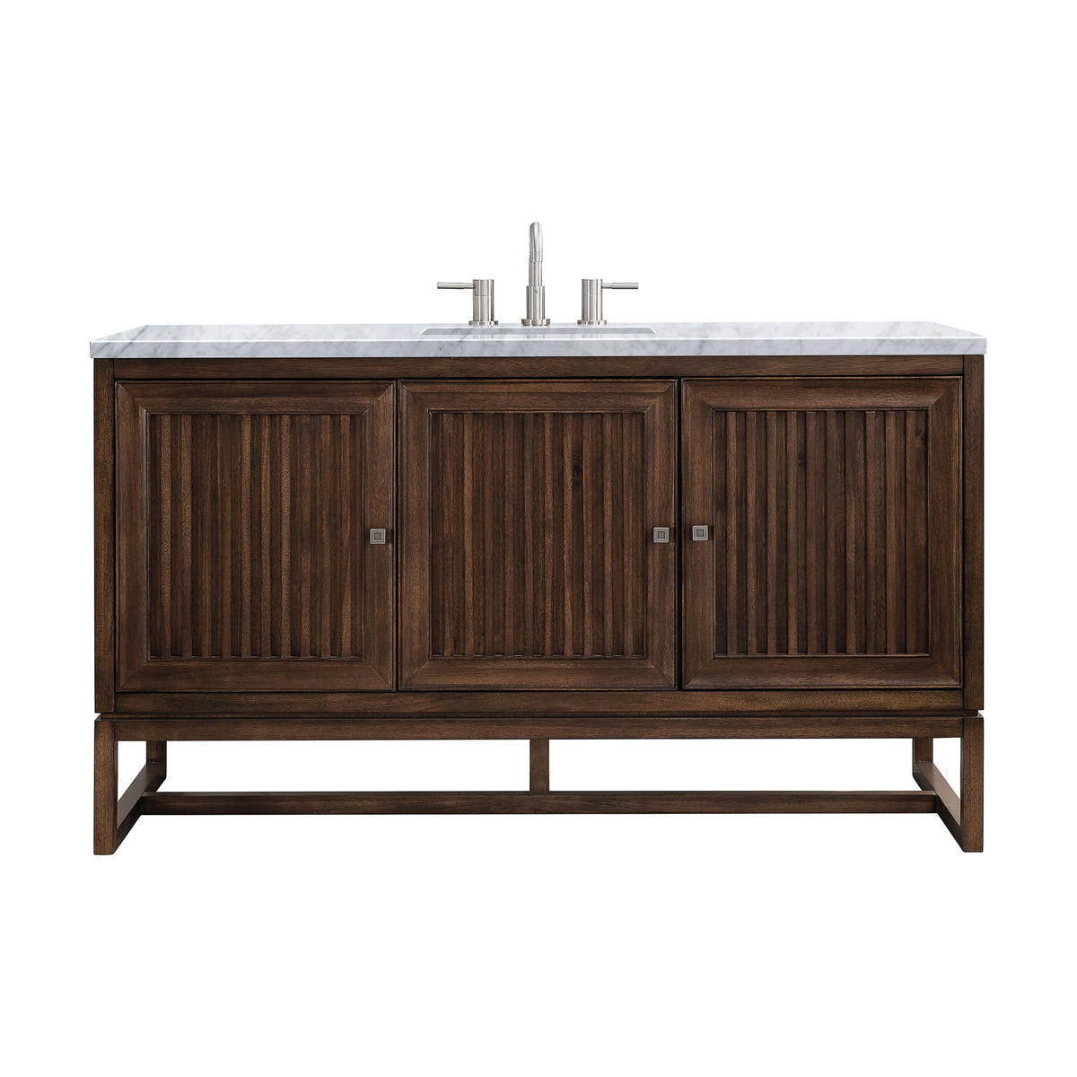 60" Athens Single Bathroom Vanity, Mid-Century Acacia w/ Carrara Marble Top