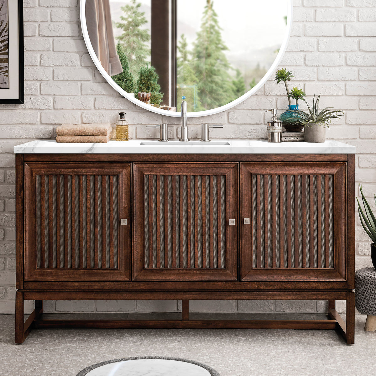 60" Athens Single Bathroom Vanity, Mid-Century Acacia w/ Carrara Marble Top