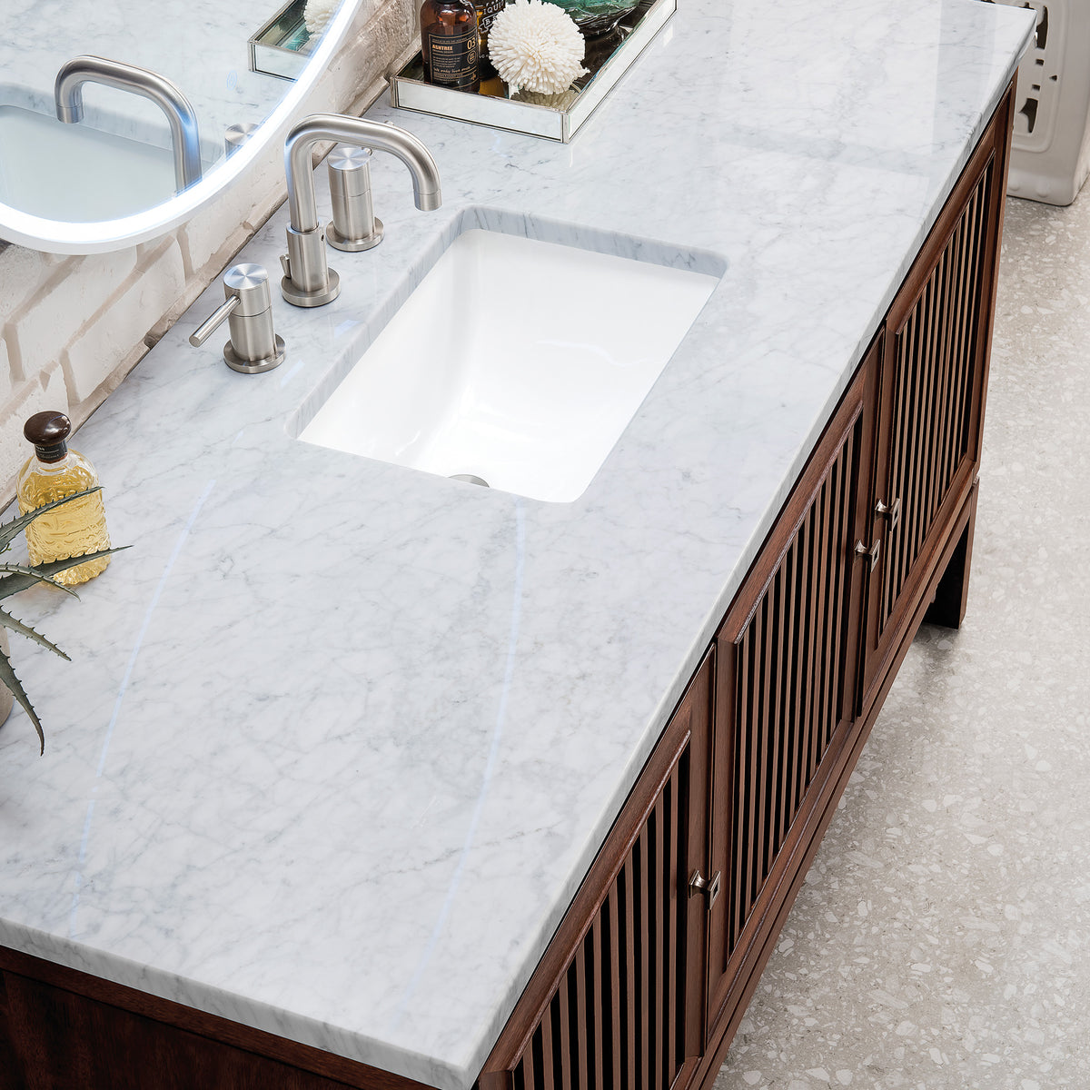 60" Athens Single Bathroom Vanity, Mid-Century Acacia w/ Carrara Marble Top