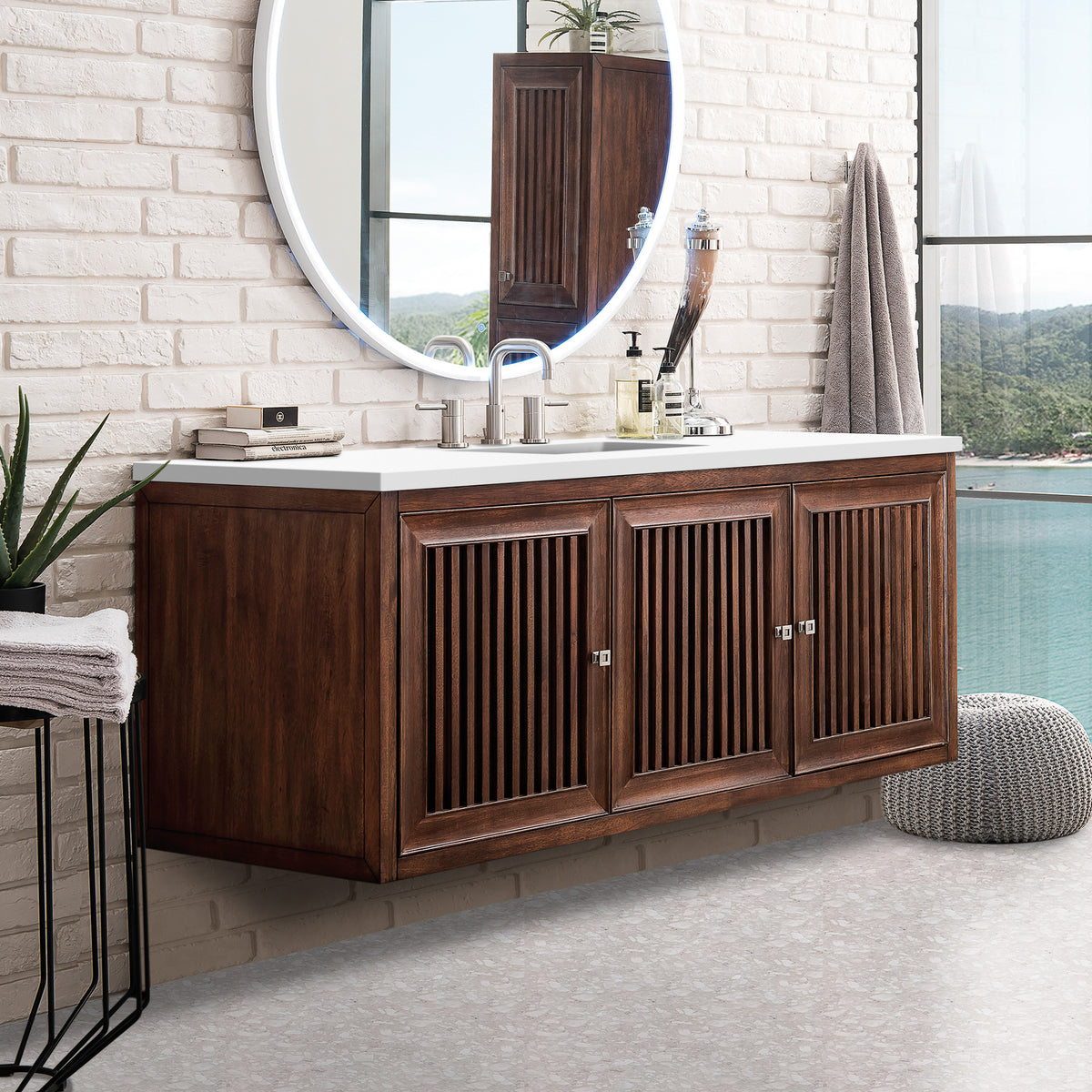 60" Athens Single Bathroom Vanity, Mid-Century Acacia w/ White Zeus Quartz Top