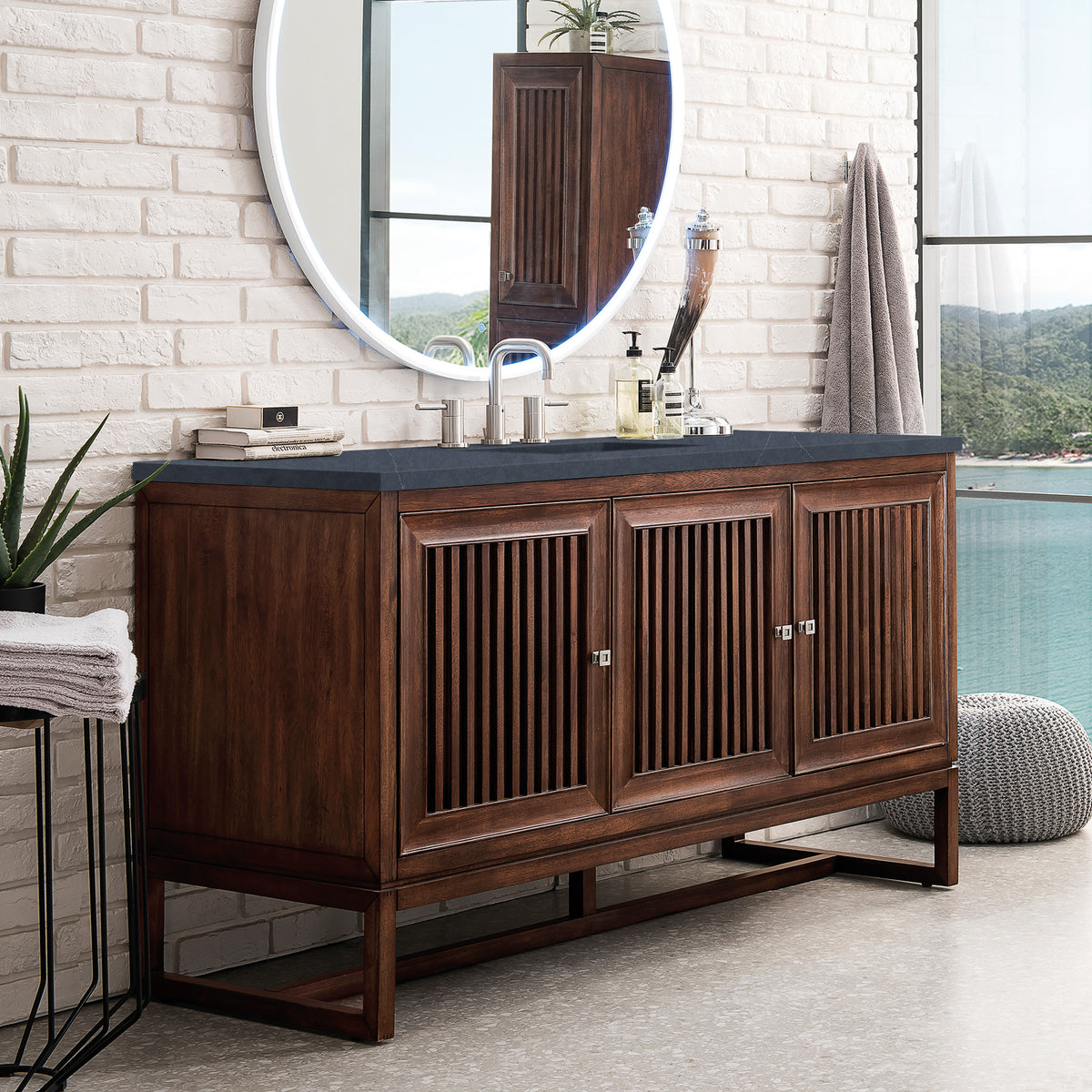 60" Athens Single Bathroom Vanity, Mid-Century Acacia w/ Charcoal Soapstone Quartz Top