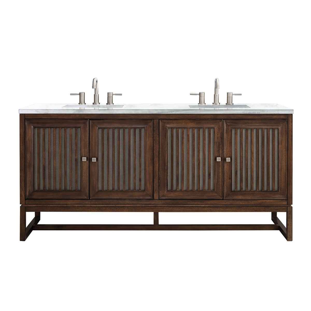 72" Athens Double Bathroom Vanity, Mid-Century Acacia w/ Arctic Fall Top