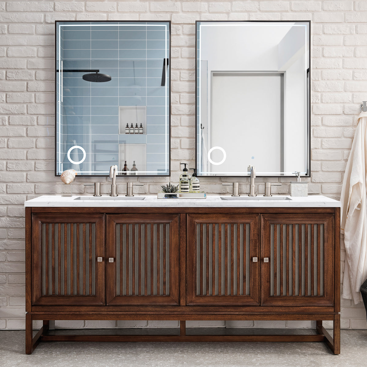 72" Athens Double Bathroom Vanity, Mid-Century Acacia