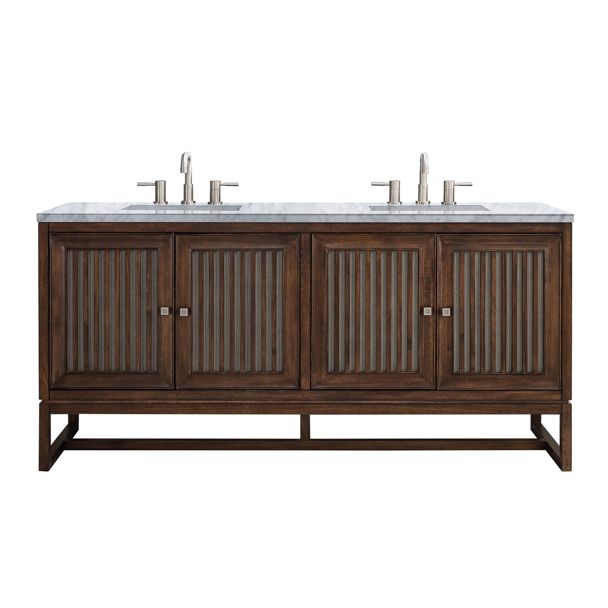 72" Athens Double Bathroom Vanity, Mid-Century Acacia w/ Carrara Marble Top