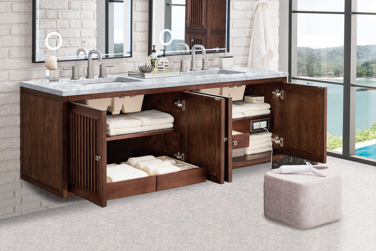 72" Athens Double Bathroom Vanity, Mid-Century Acacia w/ Carrara Marble Top