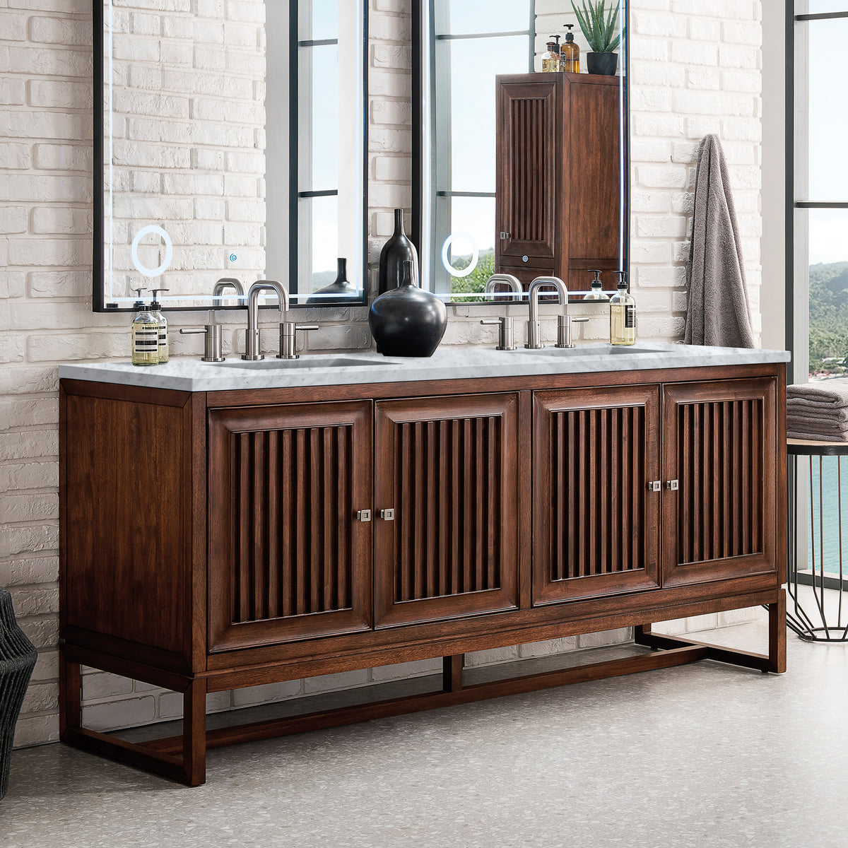 72" Athens Double Bathroom Vanity, Mid-Century Acacia w/ Carrara Marble Top