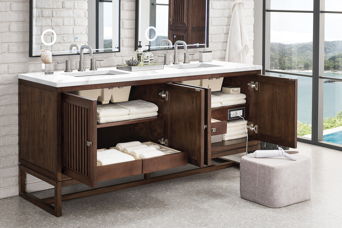 72" Athens Double Bathroom Vanity, Mid-Century Acacia w/ Carrara Marble Top