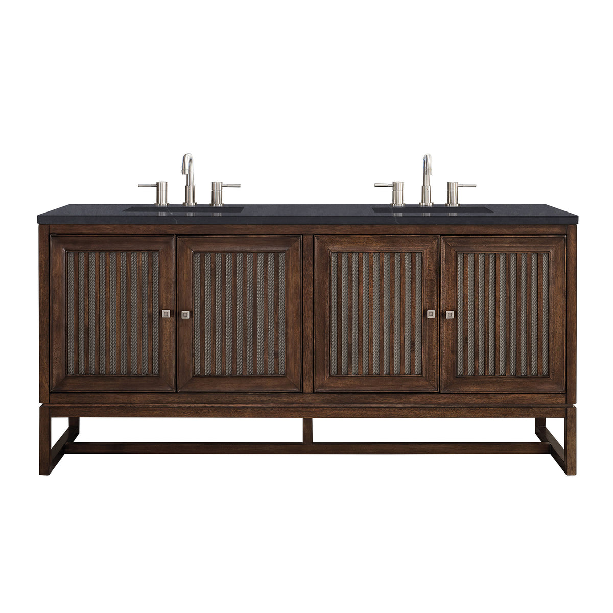 72" Athens Double Bathroom Vanity, Mid-Century Acacia w/ Charcoal Soapstone Quartz Top