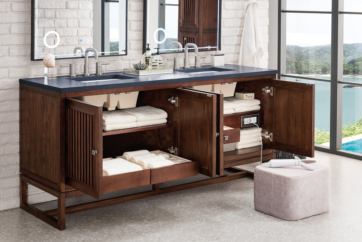 72" Athens Double Bathroom Vanity, Mid-Century Acacia w/ Charcoal Soapstone Quartz Top