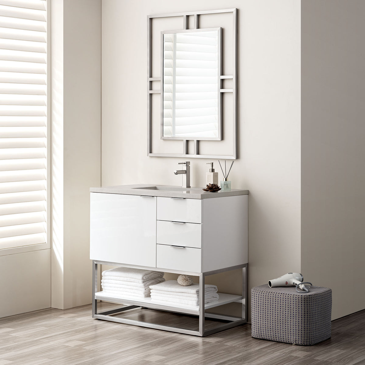 36" Brenlyn Single Vanity in Glossy White with Pietra Grey Quartz Top