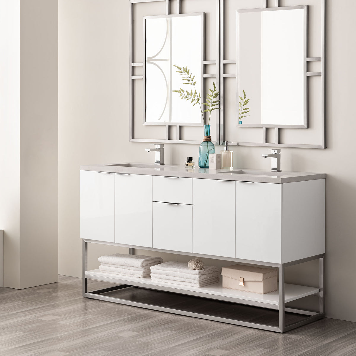 60" Brenlyn Double Vanity in Glossy White with Pietra Grey Quartz Top