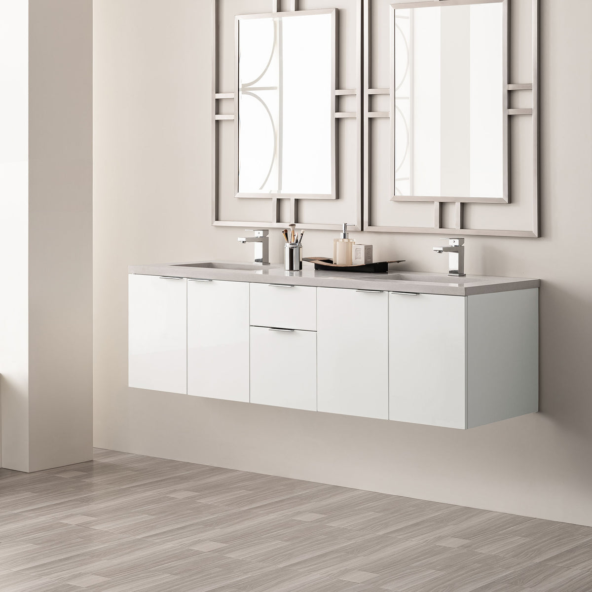 60" Brenlyn Double Vanity in Glossy White with Pietra Grey Quartz Top