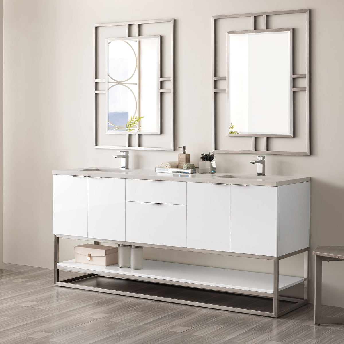 72" Brenlyn Double Vanity in Glossy White with Pietra Grey Quartz Top