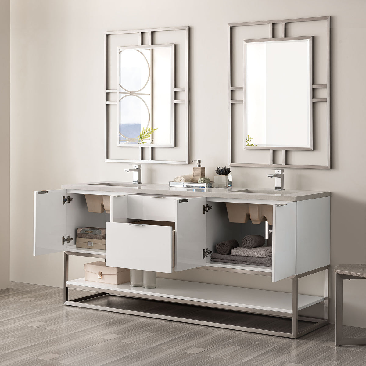 72" Brenlyn Double Vanity in Glossy White with Pietra Grey Quartz Top