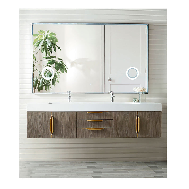 72" Mercer Island Double Bathroom Vanity, Ash Gray w/ Radiant Gold and Glossy White Composite Stone Top