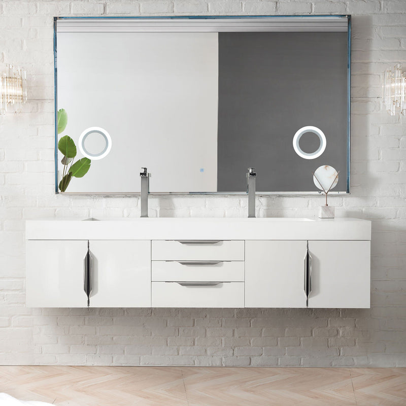 72" Mercer Island Double Bathroom Vanity, Glossy White and Glossy White Composite Stone Top