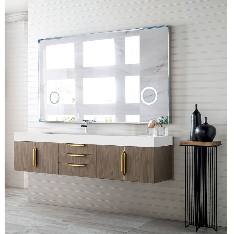 72" Mercer Island Single Bathroom Vanity, Ash Gray, Radiant Gold and Glossy White Composite Stone Top