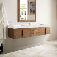 72" Columbia Floating Single Bathroom Vanity, Latte Oak w/ Radiant Gold and Glossy White Composite Stone Top