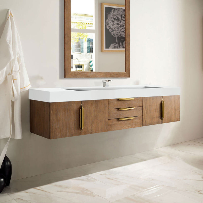 72" Mercer Island Single Bathroom Vanity, Latte Oak w/ Radiant Gold and Glossy White Composite Stone Top