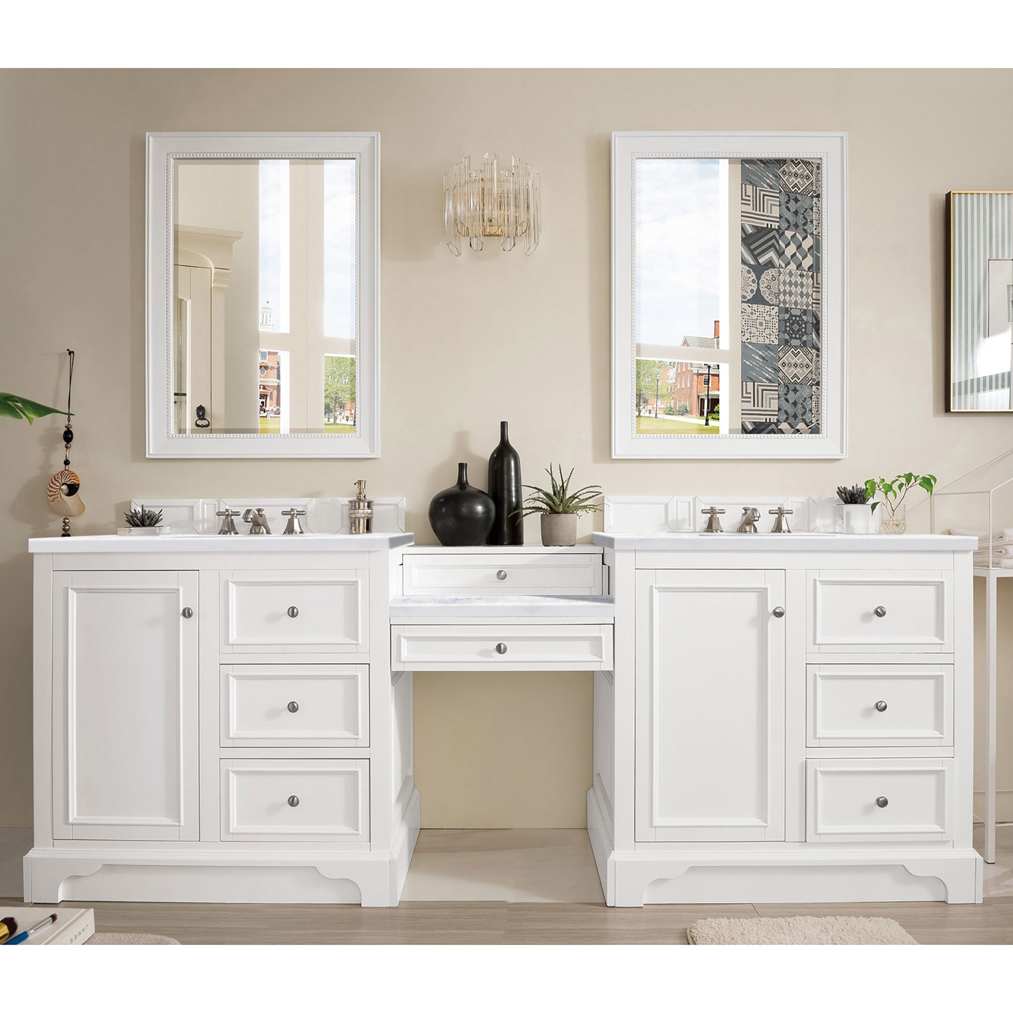 94" De Soto Double Bathroom Vanity with Makeup Counter, Bright White 