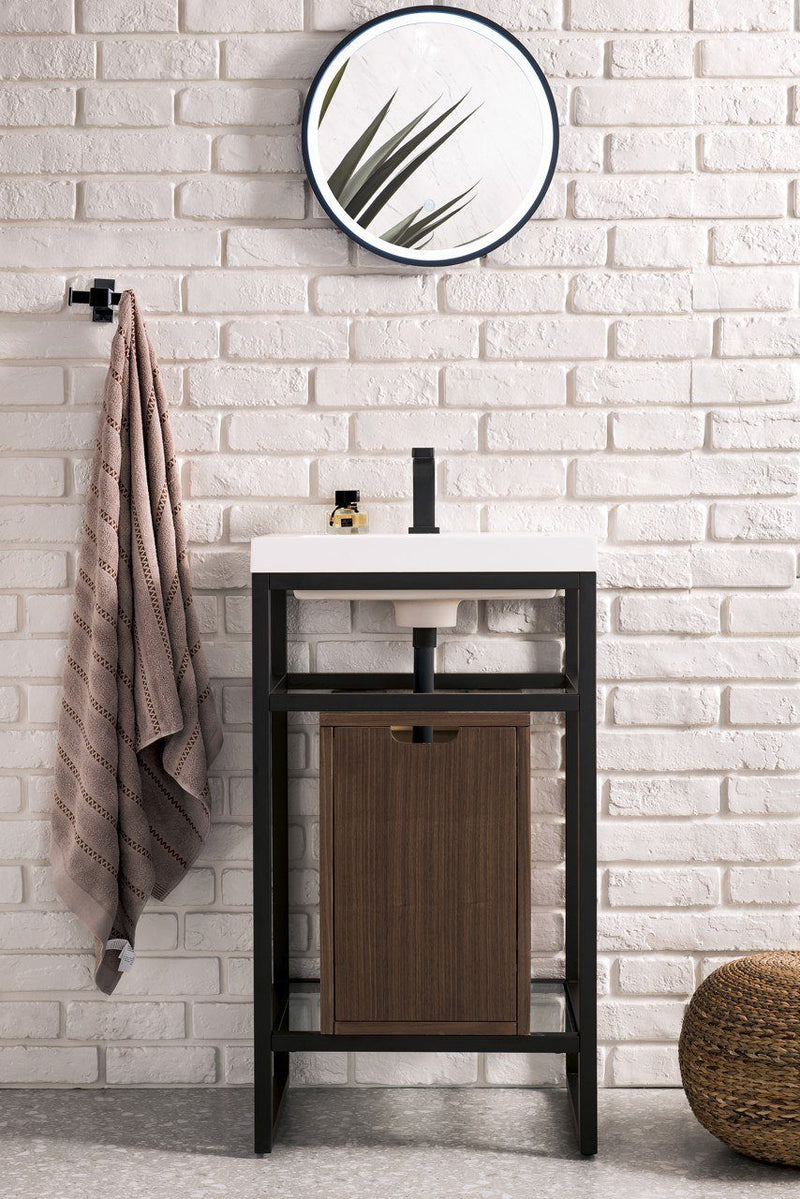 20" Boston Single Sink Console, Matte Black w/ Mid Century Walnut Storage Cabinet, White Glossy Resin Countertop