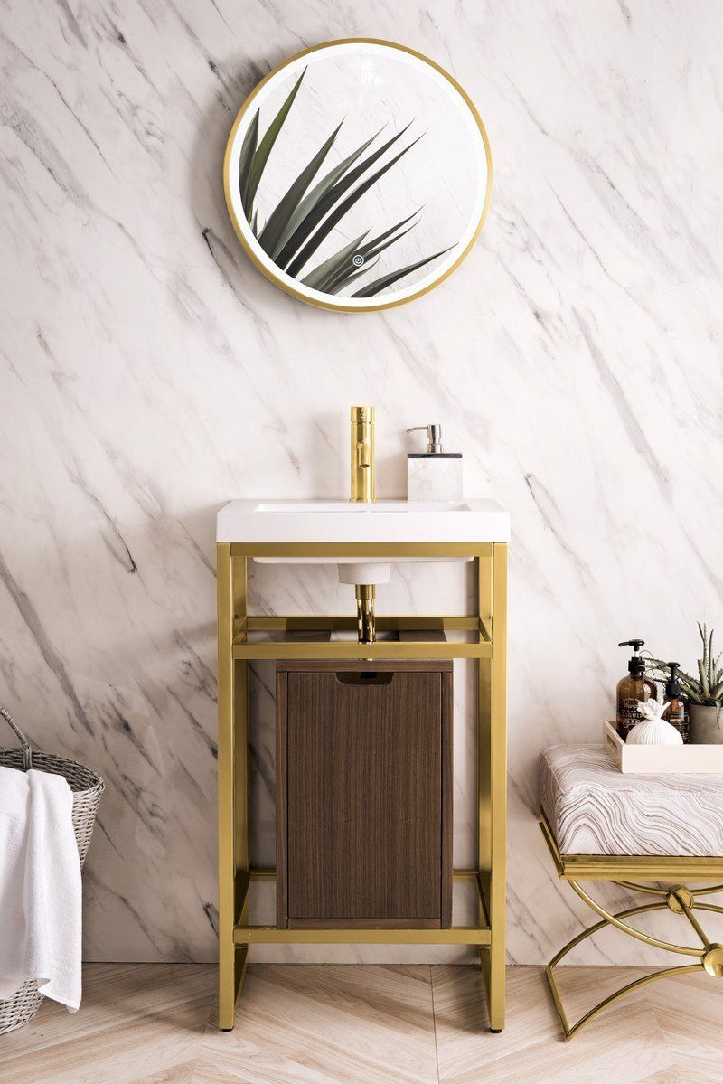 20" Boston Single Sink Console, Radiant Gold w/ Mid Century Walnut Storage Cabinet, White Glossy Resin Countertop