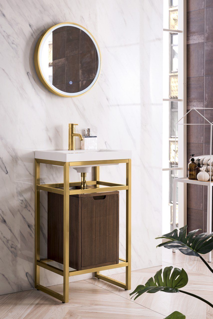 20" Boston Single Sink Console, Radiant Gold w/ Mid Century Walnut Storage Cabinet, White Glossy Resin Countertop